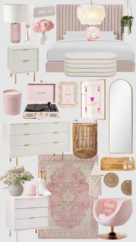 #room #roomdecor #roominspo Shared Room Inspiration, Room Ideas Aesthetic Light Pink, Clean Room Inspo Aesthetic, Pink Preppy Room Aesthetic, Gold Pink Bedroom Ideas, White Room Gold Accents, Room Ideas With Two Windows, New Room Inspiration, Bold Room Decor