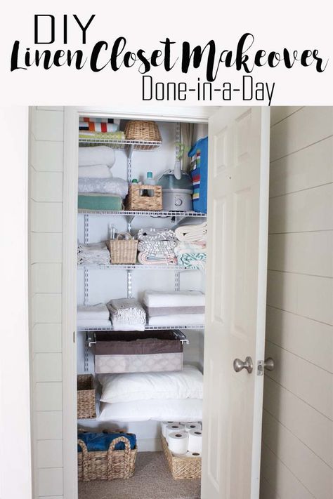 DIY Linen Closet Makeover - Southern Revivals Diy Linen Closet, Office Closet Ideas, Wood Closet Shelves, Linen Closet Makeover, Diy Closet System, Bathroom Linen Closet, Billy Ikea, Reclaimed Wood Beds, Garden Boxes Diy