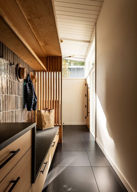 Melton Midcentury Renovation — CAST architecture Mid Century Laundry Room, Dark Beams, Small Colonial, Mid Century Entryway, Modern Wooden House, Mid Century Ceiling, Modern Laundry Rooms, Mudroom Design, Clerestory Windows