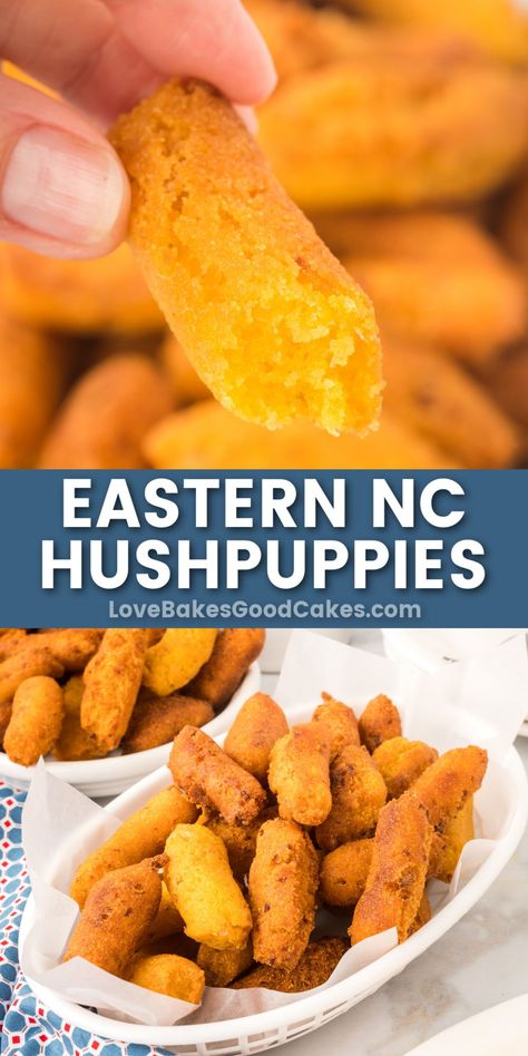 Eastern NC Hush Puppies pin collage Easy Hush Puppy Recipe, Fish Seasoning Recipe, Fried Catfish Recipes, Corn Recipes Side Dishes, Hush Puppies Recipe, Simple Appetizer, Delicious Appetizer Recipes, Corn Recipes, Easy Appetizer Recipes