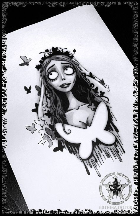 Corpse Bride Drawing Easy, Corpse Bride Tattoo Ideas, Corpse Bride Tattoo, Disney Inspired Tattoos, Tatuaje Trash Polka, Easy Tattoos To Draw, Corpse Bride Art, Tim Burton Tattoo, Heaven Tattoos