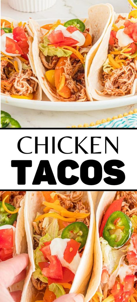 Collage of crock pot shredded chicken tacos at top and bottom. Shredded Taco Chicken Crockpot, Crock Pot Shredded Chicken Tacos, Easy Shredded Chicken Tacos, Crock Pot Shredded Chicken, Slow Cooker Pulled Chicken, Crockpot Pulled Chicken, Pulled Chicken Tacos, Pulled Chicken Recipes, Taco Dishes