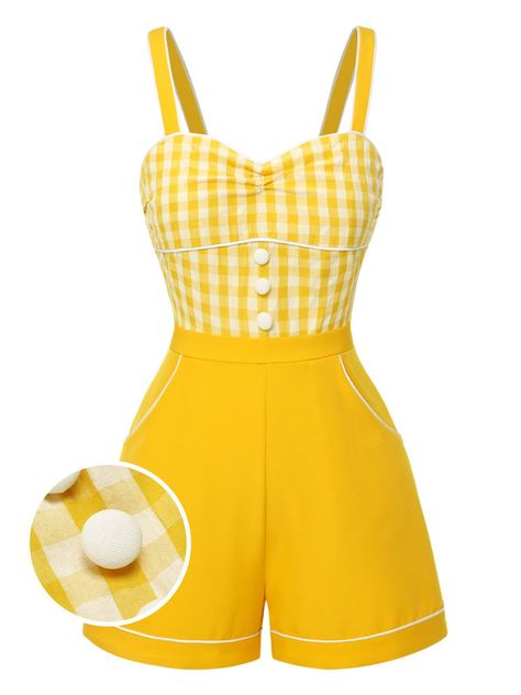 [Pre-Sale] Yellow 1950s Spaghetti Strap Plaids Romper Yellow 60s Dress, Yellow Aesthetic Clothes, 1950s Romper, Cottage Homestead, Overall Outfits, Vintage Playsuit, 70 Outfits, Retro Stage, Sunday Clothes