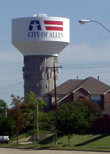 Allen Tx.....every city in TX has it's own watertower! 6hrs from Greenbrier. Silo Art, Allen Texas, Texas Living, Water Towers, Water Intake, Texas Real Estate, Texas Homes, Water Tower, Water Tank