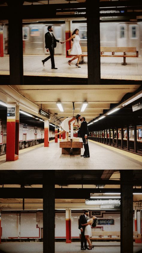 New York Prenup Shoot, Train Engagement Pictures, New York Subway Photoshoot, Airport Prewedding, Nyc Subway Engagement Photos, Engagement Shoot Unique, Winter Wedding City, Subway Photoshoot Couple, Amusement Park Engagement Photos