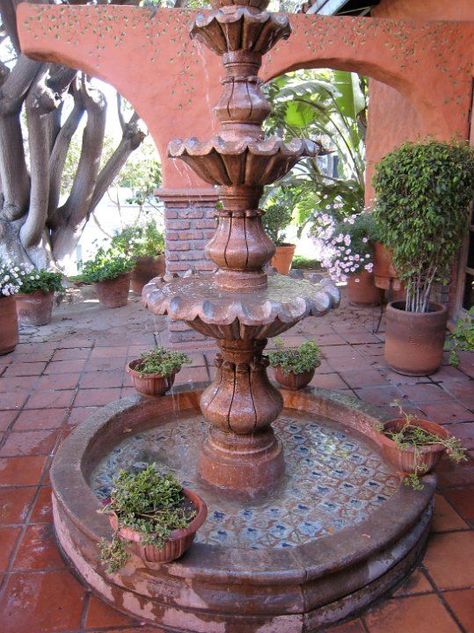 Terra Cotta Floor Tile, Spanish Mission, Courtyard Landscaping, Fountains Backyard, Red Floor, Fountain Design, Mexican Tile, Hacienda Style, Spanish Design