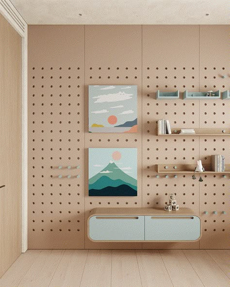 APARTMENT #ÁLIA on Behance Pegboard Interior Design, Peg Board Shelving, Pegboard Living Room, Peg Board Wall Ideas, Pegboard Wall Ideas, Wall Pegboard, Peg Board Ideas, Family Home Interior, Peg Board Design