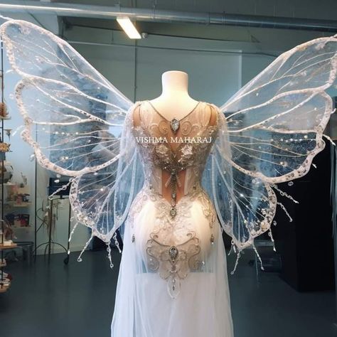 Fairy Wing Dress, Fairy Wings Wedding Dress, Fairy Wing Wedding Dress, Fancy Fairy Wings, Ren Faire Fairy Wings, Fairy Queen Outfit, Ice Fairy Wings, Unique Fairy Wings, Water Fairy Wings