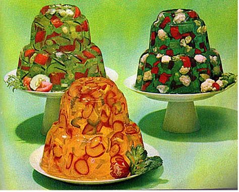 Gross Jello Recipes: This salad calls for pineapple, lime or lemon-flavored Jell-O, vinegar, onion, pepper and one to two cups of your favorite veggies. Aspic Recipe, Jelly Salad, Jello Mold Recipes, Gelatin Dessert, Jello Salad, Jello Molds, Jello Recipes, Jell O, Food O