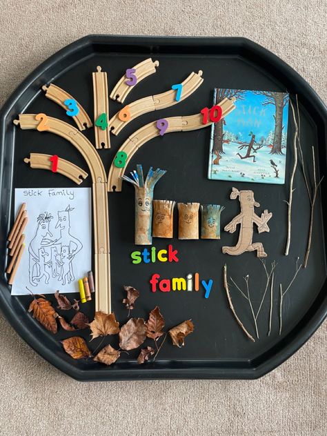 Stickman Book Activities, Story Book Tuff Tray Ideas, The Stickman Activities Eyfs, Early Years Family Activities, Stick Man Story Activities, Stickman Tuff Tray Ideas, Stick Man Tuff Tray, Stickman Tuff Tray, Stick Man Activities Eyfs