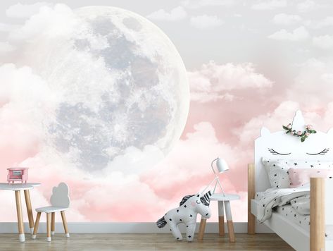 Cloud Wallpaper Bedroom, Wallpaper Kids Bedroom, Moon Wall Mural, Girl Room Wall Decor, Bedroom Wall Mural, Moon Room, Pink Clouds Wallpaper, Girls Room Wall Decor, Clouds Wallpaper