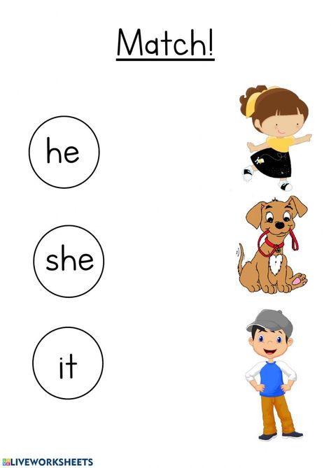 He, She, It - Interactive worksheet He She It Worksheet, Learn English Kid, Worksheet For Kindergarten, English Grammar For Kids, English Worksheets For Kindergarten, Kindergarten Reading Activities, Grammar For Kids, Kindergarten Reading Worksheets, English Activities For Kids