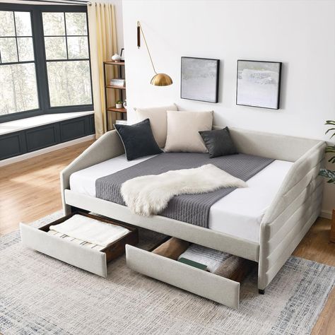 DEINPPA Queen Daybed with Storage, Upholstered Daybed with Drawers, Linen Fabric Sofa Bed-Beige Queen Daybed, Upholstered Sofa Bed, Bed Stairs, Low Bunk Beds, Sofa Bed Frame, Daybed With Drawers, Daybed With Storage, Upholstered Daybed, Daybed With Trundle