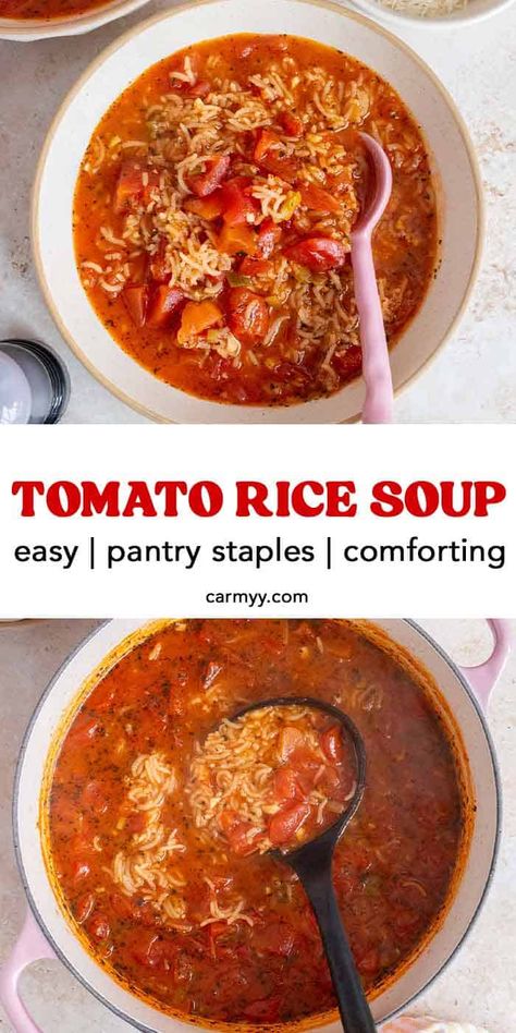 Made with a handful of pantry staples, this simple tomato rice soup is a nourishing and cozy soup that comes together super quickly and easily. It's a budget-friendly recipe that's perfect for when you're not sure what you want more dinner but want something warm and hearty. Cream Of Tomato Rice Soup, Cheesy Rice Soup, Chicken Rice Tomato Soup, Instant Pot Tomato Rice Soup, Tomato Soup With Rice, Tomato And Rice Soup, Rice And Tomato Recipe, Soup Recipes With Rice, Recipes With Tomato Soup