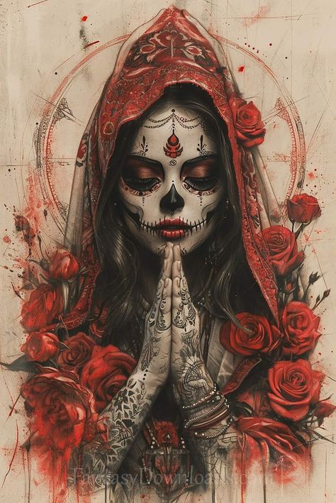 Sugar Skulls Wallpaper, Katrina Tattoo Mexicana, Dark Red Tattoo, Mexican Sugar Skull Art Beautiful, Santa Muerte Art, Sugar Skull Art Painting, Santa Muerte Tattoo, Sugar Skull Art Drawing, Backpiece Tattoo