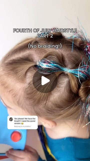 Cute July 4th Hairstyles, Tinsel Bubble Braids, 4 Th Of July Hairstyles, Bubble Braids With Tinsel, 4th Of July Hairstyle, How To Braid Tinsel Into Hair, Hair Tinsel Updo, Braid With Tinsel, 4 Of July Hairstyles