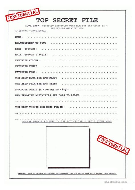 Secret Agent ! ! - English ESL Worksheets Top Secret Document, Secret Agent Party, Spy Games, Special Educational Needs, Mission Accomplished, Totally Spies, Camp Ideas, Secret Agent, Face Painting Designs