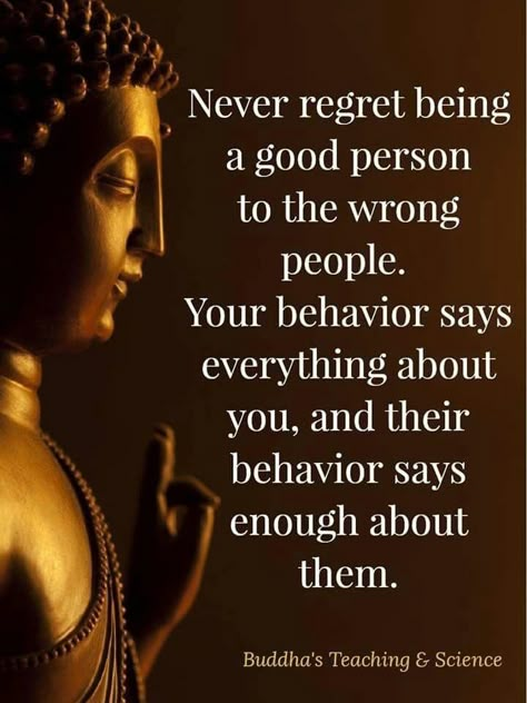 Never regret being a good person to the wrong people. Your behaviour says everything about you, and their behaviour says enough about them. Buddha Quotes Inspirational, Buddha Teachings, Buddhism Quote, Buddhist Quotes, Buddha Quote, Buddha Quotes, E Card, Quotable Quotes, Great Quotes