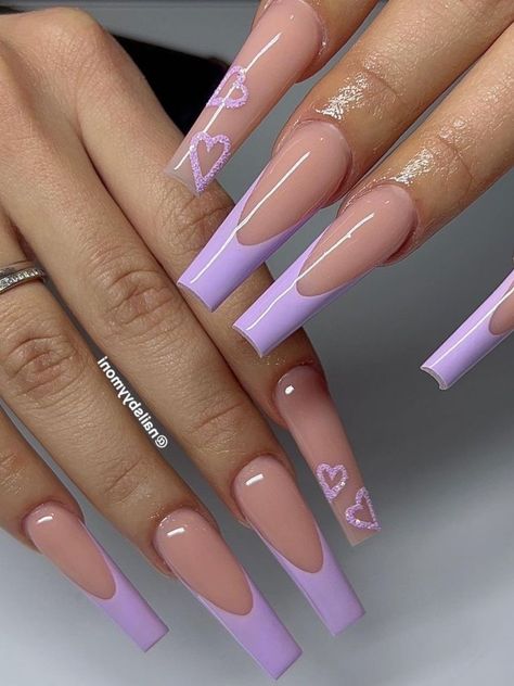 long acrylic lavender french tips with hearts Elegant Touch Nails, Aqua Nails, Purple Acrylic Nails, Long Acrylic Nail Designs, Purple Nail Designs, Girly Acrylic Nails, French Acrylic Nails, Acrylic Nails Coffin Pink, Rose Nails