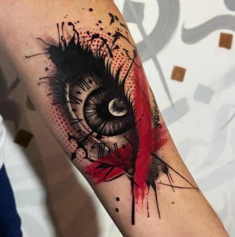 Trash Polka Chile Tattoo With Eye Trash Polka Horror Tattoo, Negative Space Tattoo Ideas, Torn Skin Tattoo Design, Trash Polka Tattoo Designs For Men, Black And Red Sleeve Tattoo, Trash Polka Pattern, Trash Polka Elements, Polka Trash Tattoo, Arte Trash Polka