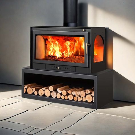 Large Wood Stove, Wood Stove Ideas, Living Room Heater, Free Standing Fireplace, Cottage Addition, Store Firewood, Woodburning Stove Fireplace, Masonry Heater, Wood Burning Stoves