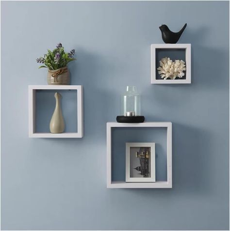 spot on dealz® Cali Wall Floating Shelves Cube Box Set of 3 Wooden White Wall Shelf for Bedroom Living Room Kitchen Decorative Furniture Display Shelving Unit Floating Shelves Bookcase, White Wall Shelf, Cube Wall Shelf, White Wall Shelves, Square Shelf, Cube Shelves, Construction Details, Room Color Schemes, Wood Product