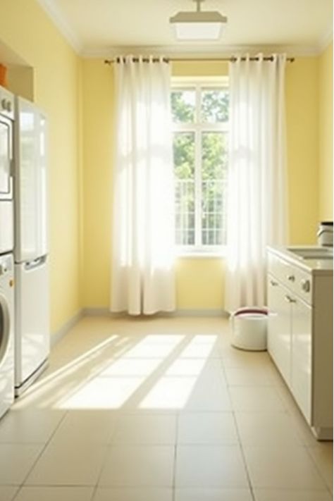 Spacious pale yellow laundry room with white appliances and curtains Retro Laundry Room, Yellow Laundry Rooms, Laundry Room Colors, Beautiful Color Palettes, Pantry Laundry Room, Pantry Laundry, Laundry Routine, White Appliances, Doing Laundry