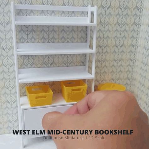 3d Printed Dollhouse, Bookshelf Miniature, Bookshelf Dollhouse, Mid Century Bookshelf, West Elm Mid Century, West Elm Inspired, Dollhouse Library, Dollhouse Bookshelf, Miniature Bookshelf