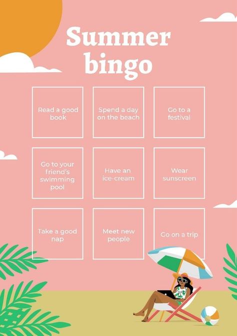 Free Summer Bingo template to design and download Camping Bingo, Bingo Books, Road Trip Bingo, Summer Bingo, Free Printable Bingo Cards, Bingo Games For Kids, Bingo Online, Free Bingo Cards, English Practice