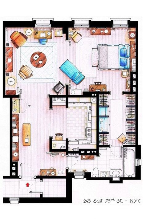 Carrie Apartment, Carrie Bradshaw Apartment, Favorite Tv Characters, Interior Design Sketches, Apartment Floor Plans, Casas The Sims 4, Sims House Plans, Sims 4 Houses, Sims House