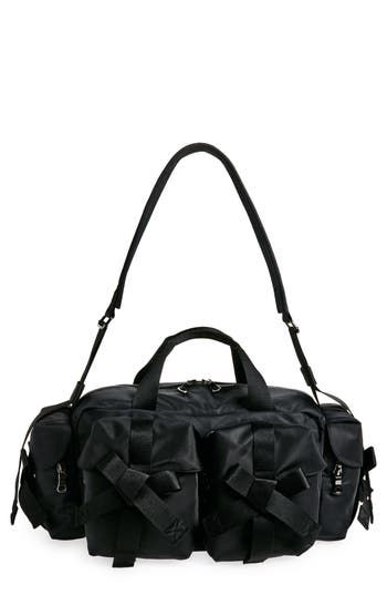 Utility meets romance in this travel-ready duffle bag with cargo-inspired pockets wrapped in webbed straps tied in signature bows Two-way top-zip closure Top carry handles; removable, adjustable shoulder strap Exterior zip pockets; side zip pockets Interior wall pocket Textile Imported Designer Handbags Asian & Pacific Islander Owned/Founded On-the-go Duffle Bag With Detachable Handle, Luxury Black Nylon Duffle Bag, Black Duffle Bag With Leather Handles For On-the-go, Black Duffle Bag With Detachable Handle For On-the-go, Nylon Duffle Bag With Adjustable Strap For On-the-go, Pacific Islander, All Black Everything, Interior Wall, Black Jewelry