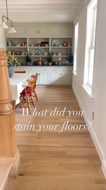 Emily Riter on Instagram: "Did you know that you don’t have to stain your hardwood floors? It’s important to seal them and put a high traffic protector on them, but you don’t actually have to stain to achieve a natural white oak look. I fell in love with the color of the white oak after we had them installed and started researching stains vs how to keep the raw color. So glad we did this for the light white oak color makes all the rooms feel bigger & hides scratches better than darker wood. . . . #whiteoakfloors #hardwoodfloors #diningroom #livingroomdesign #classicchristmas #newoldhome #colonialrevival #curvedstaircase #whiteoakstairs #wainscoting #allsortsof #entrywaydecor #classickitchen #cozylivingroom #hardwoodflooring #englishkitchen #kitchendesign #marblekitchen" Hardwood Floor Stain Colors, Floor Stain Colors, White Oak Hardwood Floors, Oak Stairs, Floor Stain, Oak Wood Floors, Raw Color, Oak Hardwood Flooring, White Oak Floors