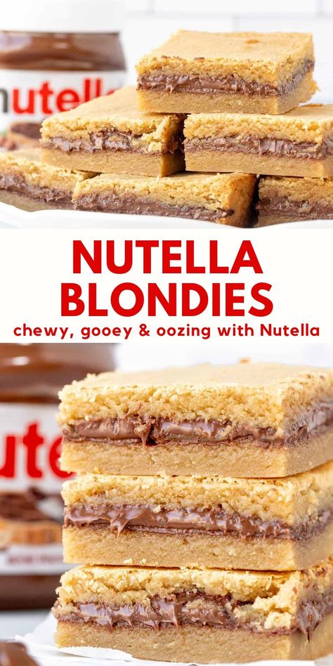 These delicious Nutella blondies have chewy, buttery blondie layers stuffed with gooey Nutella. You get mouthfuls of Nutella in every bite #nutella #blondies #nutellastuffed #recipe #bars #nutellabars from Just So Tasty https://www.justsotasty.com/nutella-stuffed-blondies/ Blonde Recipes, Nutella Blondies, Chewy Blondies, Baked Bars, Gourmet Brownies, Bar Desserts, Homemade Nutella, Blondies Recipe, Chocolate Hazelnut Spread