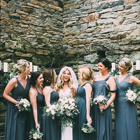 Stormy grey dresses from Azazie with white/green floral Azazie Stormy, Fall Wedding Guest Attire, Stormy Bridesmaid Dresses, Summer Bridesmaids, Lavender Bridesmaid, Neutral Bridesmaid Dresses, Wedding Guest Attire, Lavender Bridesmaid Dresses, Wedding Bridesmaids Dresses Blue