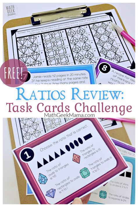 Review writing ratios, equivalent ratios and word problems with ratios & unit rate with this task cards game! Students will have fun as they race to figure out the 4-digit code. Grab it FREE from Math Geek Mama! Ratios Task Cards Review Game – 6th Grade – Printable | Math Geek Mama Ratio Activities 6th Grade, Ratios And Proportions 6th Grade, Comparing Numbers Kindergarten, Easy Math Games, Equivalent Ratios, Review Writing, Math Card Games, Free Math Games, Easy Math