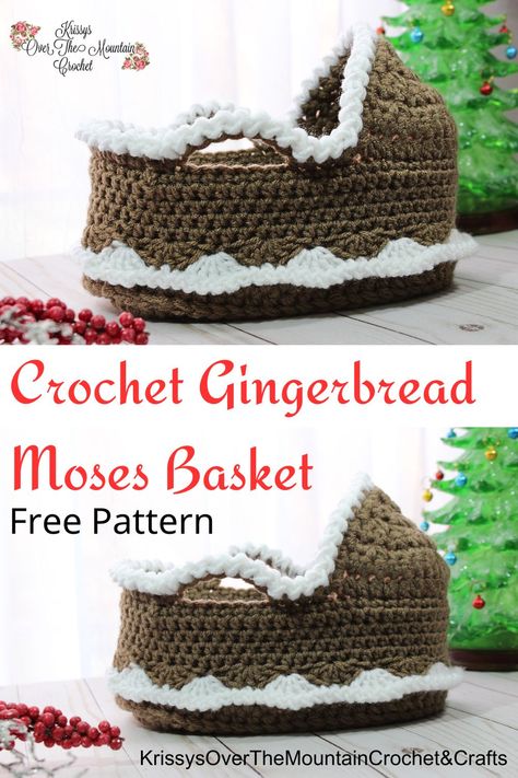 How To Crochet A Gingerbread Moses Basket For a 7" to 8" Doll - Krissys Over The Mountain Crochet Moses Basket Crochet Pattern, Mountain Crochet, Baby Moccasin Pattern, Crochet Crib, Preemie Crochet, Small Baby Dolls, Time Cover, Moccasin Pattern, Doll Cradle