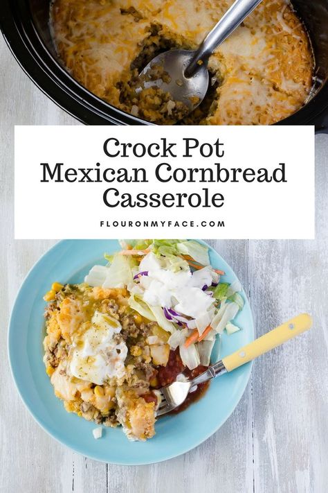 Crock Pot Mexican Cornbread Casserole is a cheesy cornbread casserole made with cornmeal, ground beef, cheesy, chilies and taco sauce. Serve it with your favorite Mexican food toppings.#flouronmyface Mexican Cornbread Salad, Crockpot Cornbread, Easy Mexican Cornbread, Mexican Cornbread Casserole Recipe, Crock Pot Mexican, Mexican Cornbread Casserole, Mexican Cornbread Recipe, Cheesy Cornbread, Cornbread Casserole Recipe