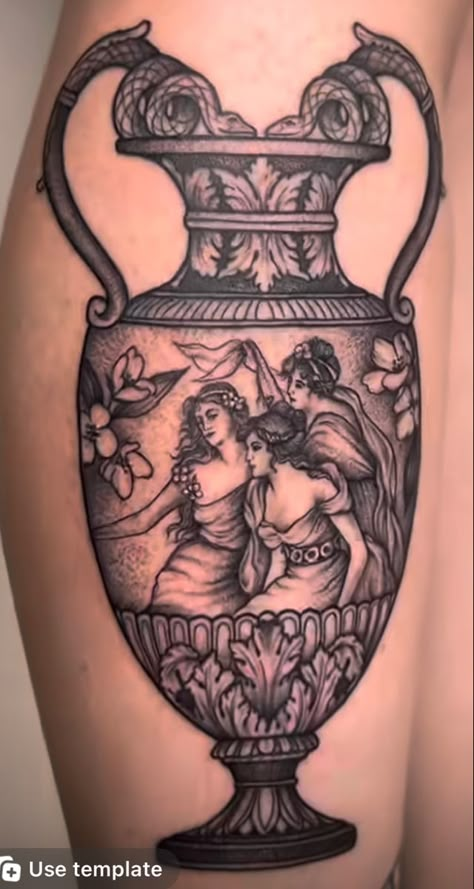 Greek Lady Tattoo, Antique Bottle Tattoo, Ornate Vase Tattoo, Medusa Vase Tattoo, Greek Urn Tattoo, Feminine Greek Tattoo, Back Vase Tattoo, Greek Amphora Tattoo, Grecian Vase Tattoo