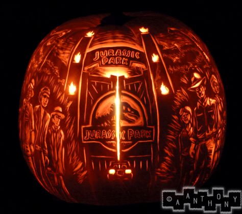 Jurassic park Jurassic Park Pumpkin Carving, Jurassic Park Pumpkin, Dinosaur Pumpkin Carving, Jack O Lantern Ideas, Cool Pumpkin Carvings, Pumpkin Carving Art, Halloween Pumpkin Carving Ideas, Halloween Pumpkin Stencils, Pumkin Carving