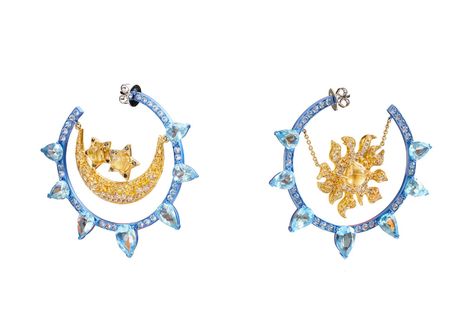 Lydia Courteille 'Marie Antoinette Dark Side' collection earrings with diamonds, blue and yellow sapphires, aquamarine and quartz in rhodium plated 18k yellow and white gold Lydia Courteille Jewelry, Lydia Courteille, Katerina Perez, Gifts For Aunt, Moon And Star Earrings, Kinds Of Shapes, Titanium Jewelry, Jewelry Techniques, Moon And Star