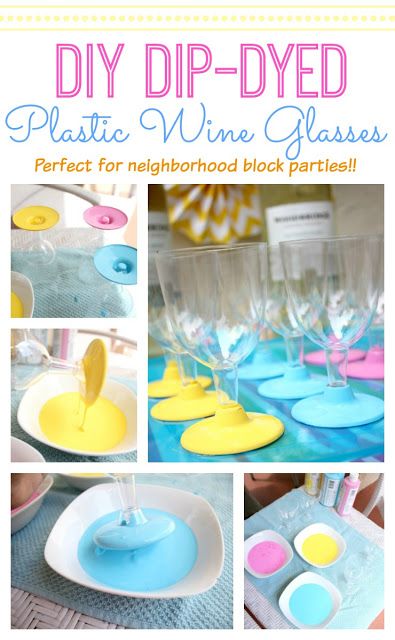 Msg for 21+: DIY dip-dye plastic wine glasses add a touch of fun to your next block party! Painting Plastic Wine Glasses Diy, Plastic Wine Glass Crafts, Easter Wine Glasses, Simple Parenting, Painted Dishes, Summer Block Party, Neighborhood Block Party, Wedding Drinkware, Upcycle Crafts