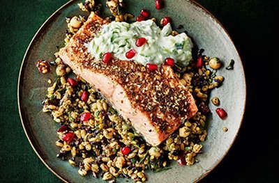 Zaatar Salmon, Salmon And Cucumber, Tzatziki Recipe, Salmon Cucumber, Scottish Salmon, Tzatziki Recipes, Natural Yogurt, Pomegranate Seeds, Salmon Fillets