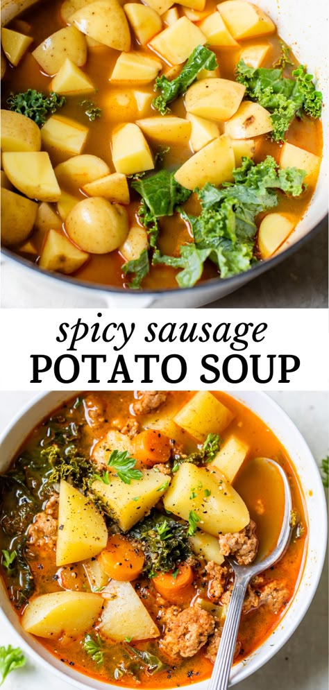 This Spicy Sausage Potato Soup is super flavorful, made in one pot and made with real food ingredients. It's filled with potatoes, sausage and kale, and whole30-friendly, too! Sausage And Potato Soup, Sausage Potato Soup, Sausage Soup Recipes, Sausage Potato, Sausage Potatoes, One Pot Dinners, Spicy Sausage, Health Dinner, Soup And Stew