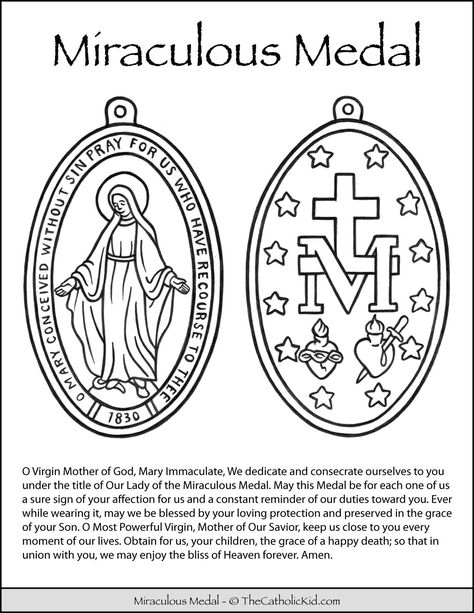 Miraculous Medal Prayer Coloring Page - TheCatholicKid.com Miraculous Mary Tattoo, Miraculous Medal Prayer, Miraculous Medal Tattoo, Catholic Coloring Pages, Prayer Cards Printable, Catholic Symbols, Mary Immaculate, Catholic Homeschool, Lives Of The Saints