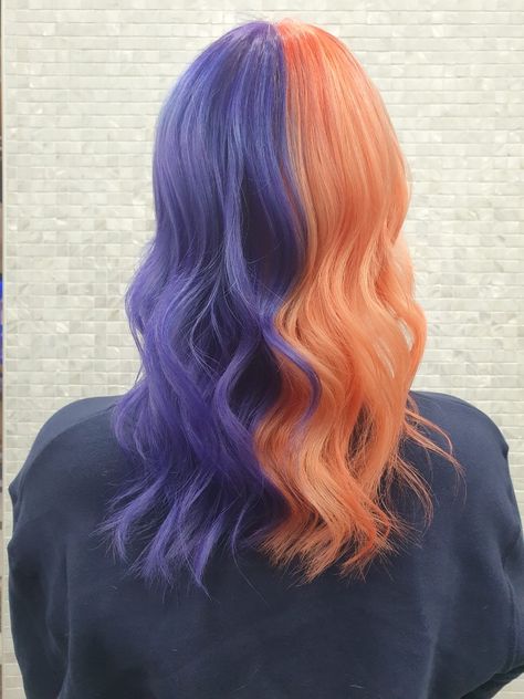 Purple Orange Hair Ombre, Orange Purple Split Dye, Half Orange Half Purple Hair, Purple Ginger Hair, Purple And Orange Hair Split, Orange Purple Hair, Mermaid Balayage, Orange And Purple Hair, Purple Orange Hair