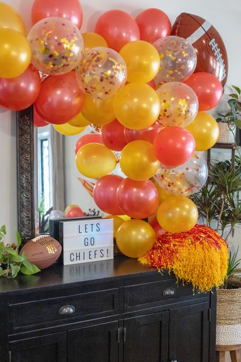 Kansas City Chiefs Super Bowl Football Party Decorations Kansas City Chiefs Superbowl Party, Chiefs Balloon Garland, Chiefs Birthday Party Ideas, Kansas City Chiefs Birthday Party Ideas, Chiefs Superbowl Party, Chiefs Birthday Party, Gameday Brunch, Kansas City Chiefs Birthday, Chiefs Party