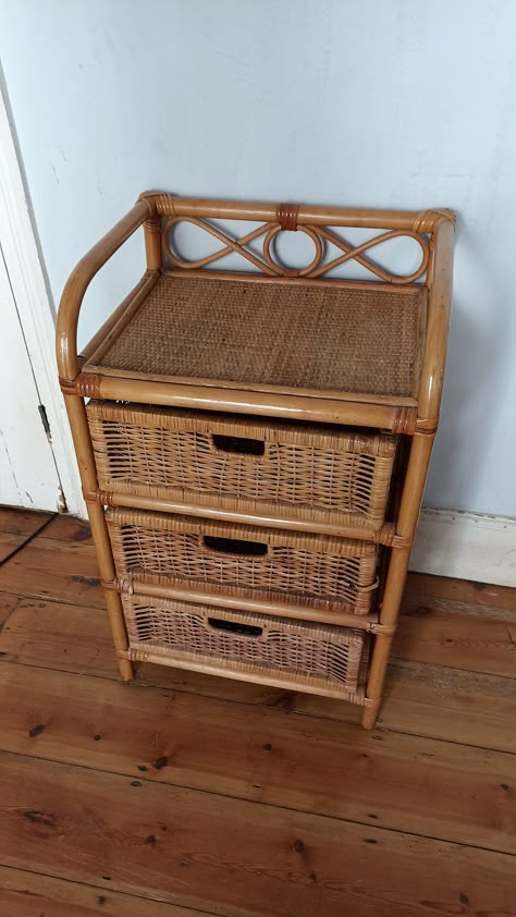 This fabulous three tier/drawer bamboo freestanding unit will add the perfect touch of boho-chic to your home. It's such a versatile and beautiful piece of furniture and would look fab housing your most loved plants. You can use it in any room, in the bathroom to store, cosmetics, towels...as a bedside cabinet or entry way unit... The unit shows signs of general use but it is in great condition overall, it has general signs of use and wear, nothing major. please see photos.  A few bits are missi Vintage Rattan Bedroom Furniture, Boho Home Aesthetic, Wicker Shoe Rack, Bamboo Home Decor, Bamboo Cane Storage, Drawer Rattan, Bamboo Furniture Design, 70s Bamboo Furniture, Retro Apartment