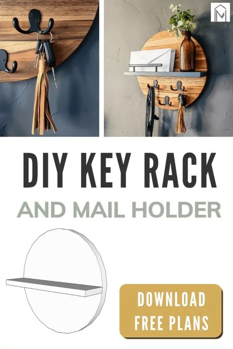 Need a good place to put your mail and hang your keys? Use our free woodworking plans to make this DIY mail and key holder! This mail and key rack uses a teak wood round for a modern and sleek look and has a shelf to put your mail. Diy Key Holder Ideas Creative, Key Rack Diy, Diy Key Holder, Diy Mail, Key Holder Diy, Mail And Key Holder, Wooden Key Holder, Mail Holder, Free Woodworking Plans