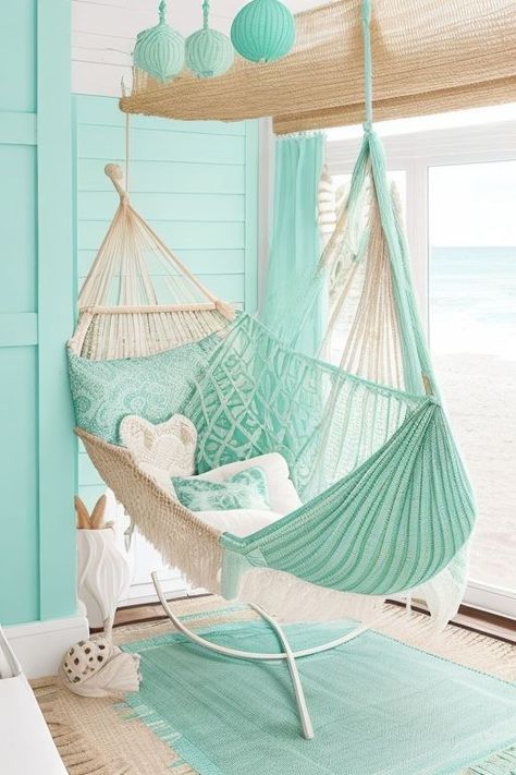 Beachy boho bedroom with seafoam green accents, seashell decor, and hammock chair. Girls Ocean Bedroom, Teen Beach Room, Seashell Decorations, Ocean Bedroom, Ocean Room Decor, Beachy Room Decor, Ocean Themed Bedroom, Beach Room Decor, Ocean Room