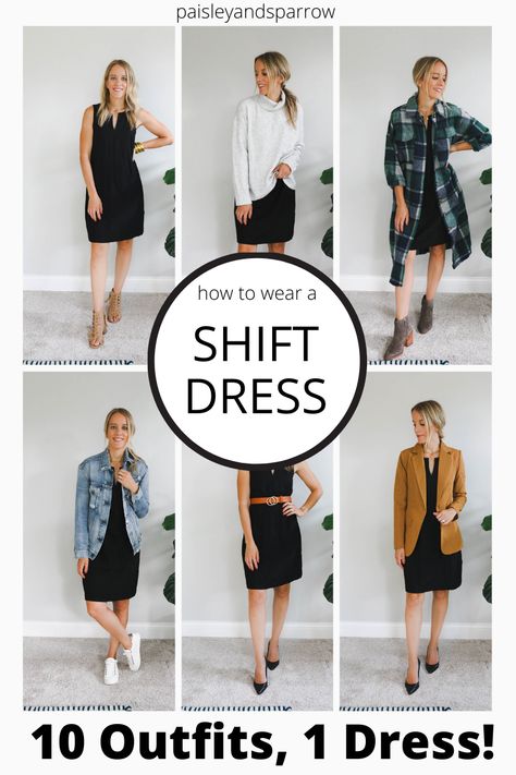 How to wear a shift dress - here are 10 different ways to wear a simple black dress. Work wear, date night, casual, and more! Tips for styling this basic outfit. How To Wear 1 Dress 10 Ways, Busi Ess Casual Outfit, Casual Tshirt Dress Outfits, Black Dress With Jean Shirt, Straight Black Dress Outfit, Ways To Wear A Dress In Winter, Sleeveless Dress Styling, Black Shift Dress Outfit Winter, Lbd Work Outfit